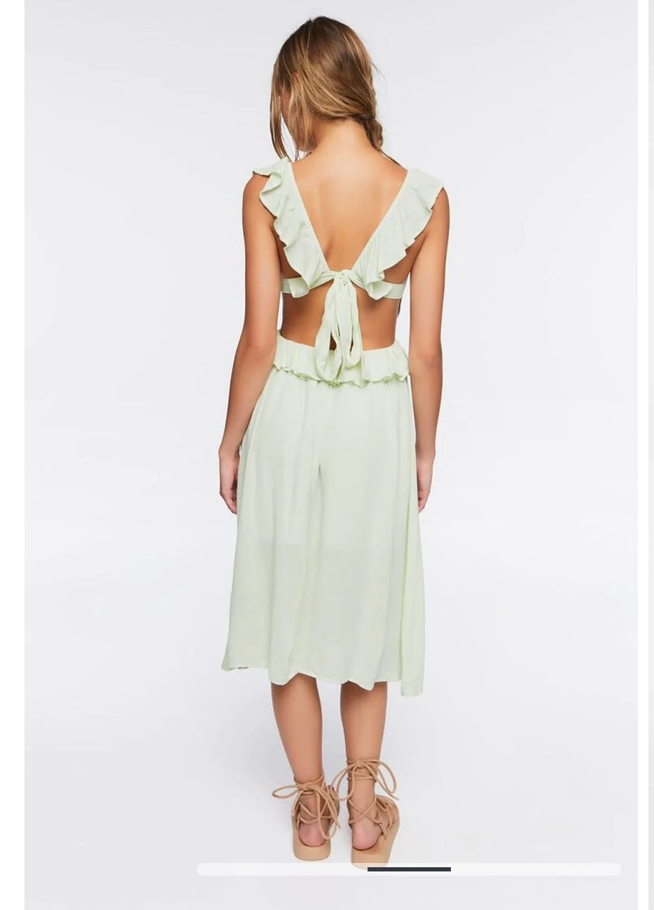 Herbaceous skies Ruffle Tie-Back Midi Dress-Large