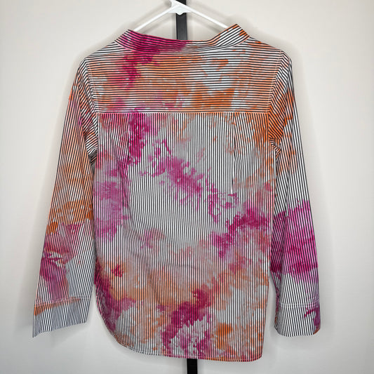 Orange/ pink over black and white striped high low blouse- Sm