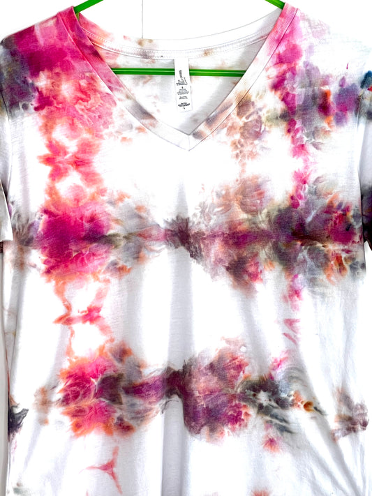 Coral and mushroom ice dyed v-neck t shirt LARGE