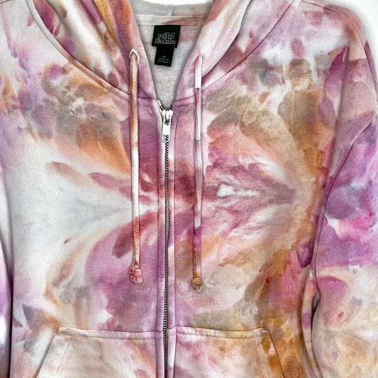 peach and pink ice dyed zip up hooded sweatshirt- Xl
