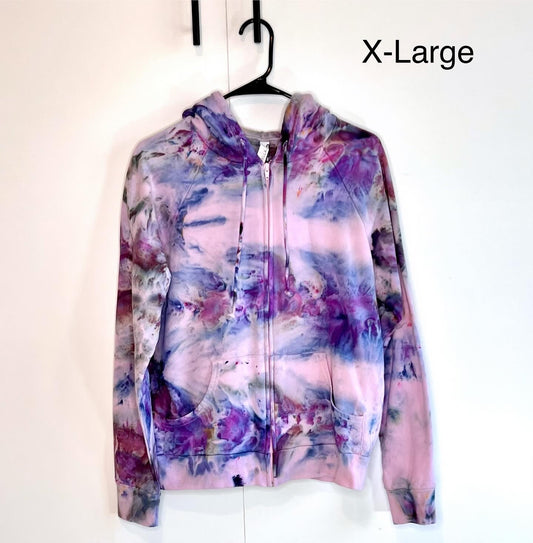 Pink and purple ice dyed zip up hooded sweatshirt-x-large unisex
