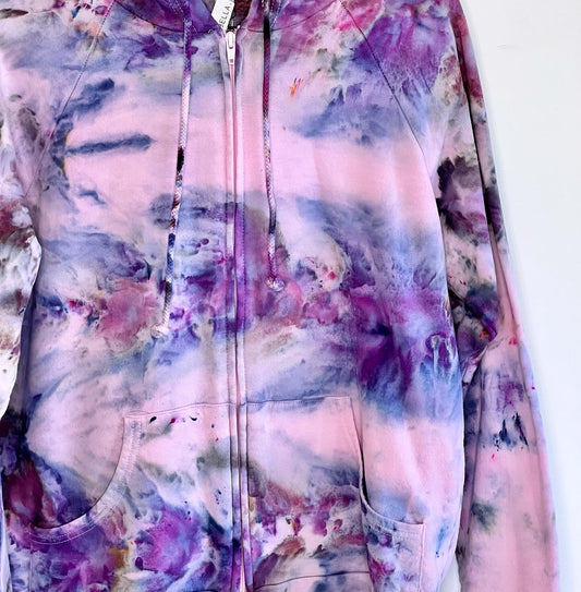 Pink and purple ice dyed zip up hooded sweatshirt-x-large unisex