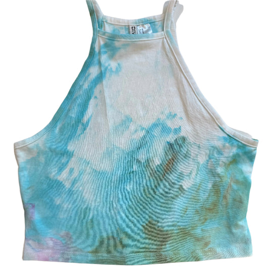 Ocean blue abstract ice dyed high neck crop top- medium