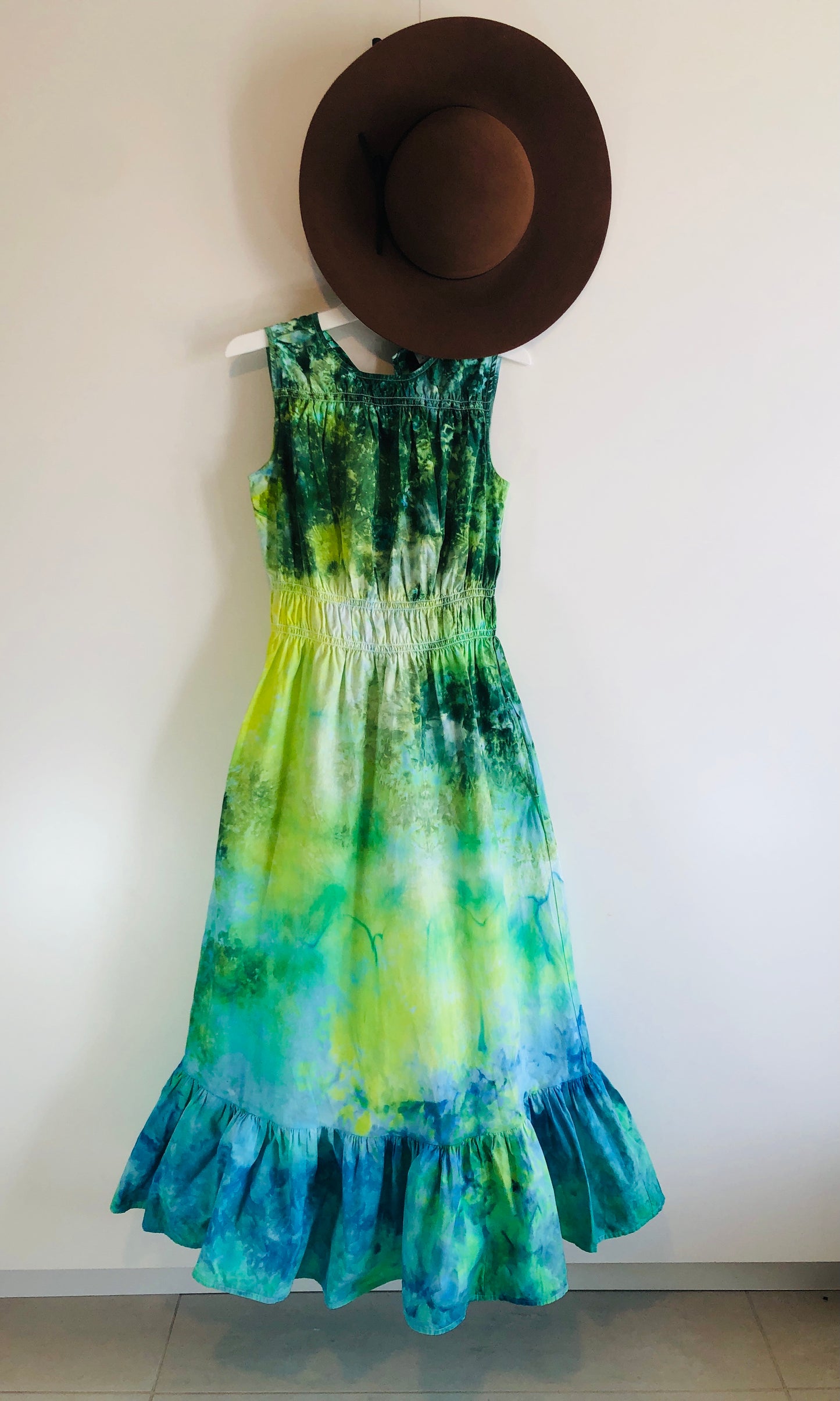Maui tie dyed sleeveless dress- blue green and yellow