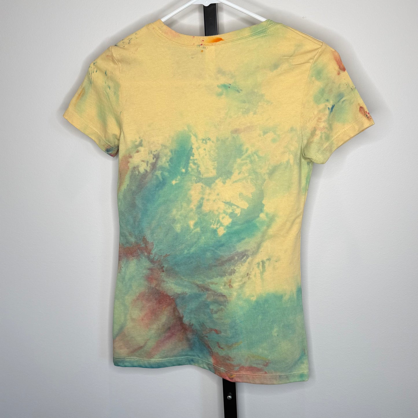 Rust blue and yellow abstract ice dye t-shirt-Small