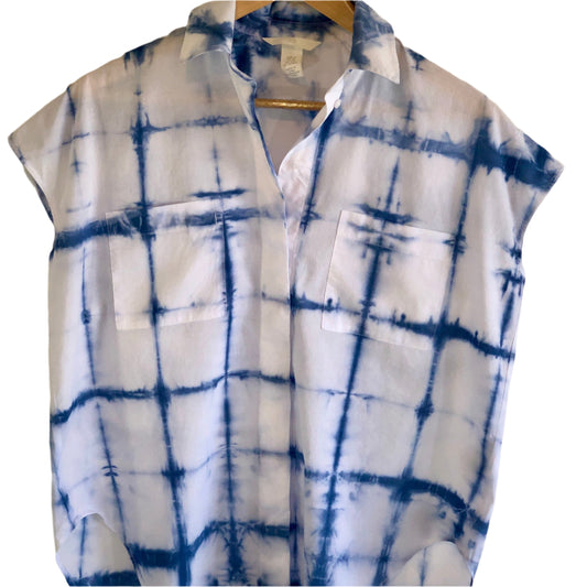Indigo Shibori tie dye button front sleeveless tunic.X-small