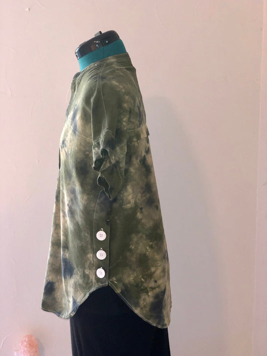 Camouflage inspired tie dye linen blend boxy cut blouse
