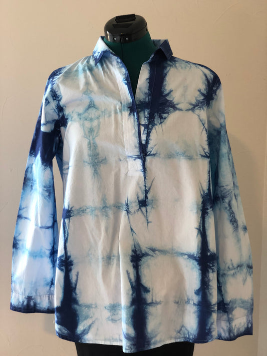 Indigo Shibori tie dye pullover high low tunic.