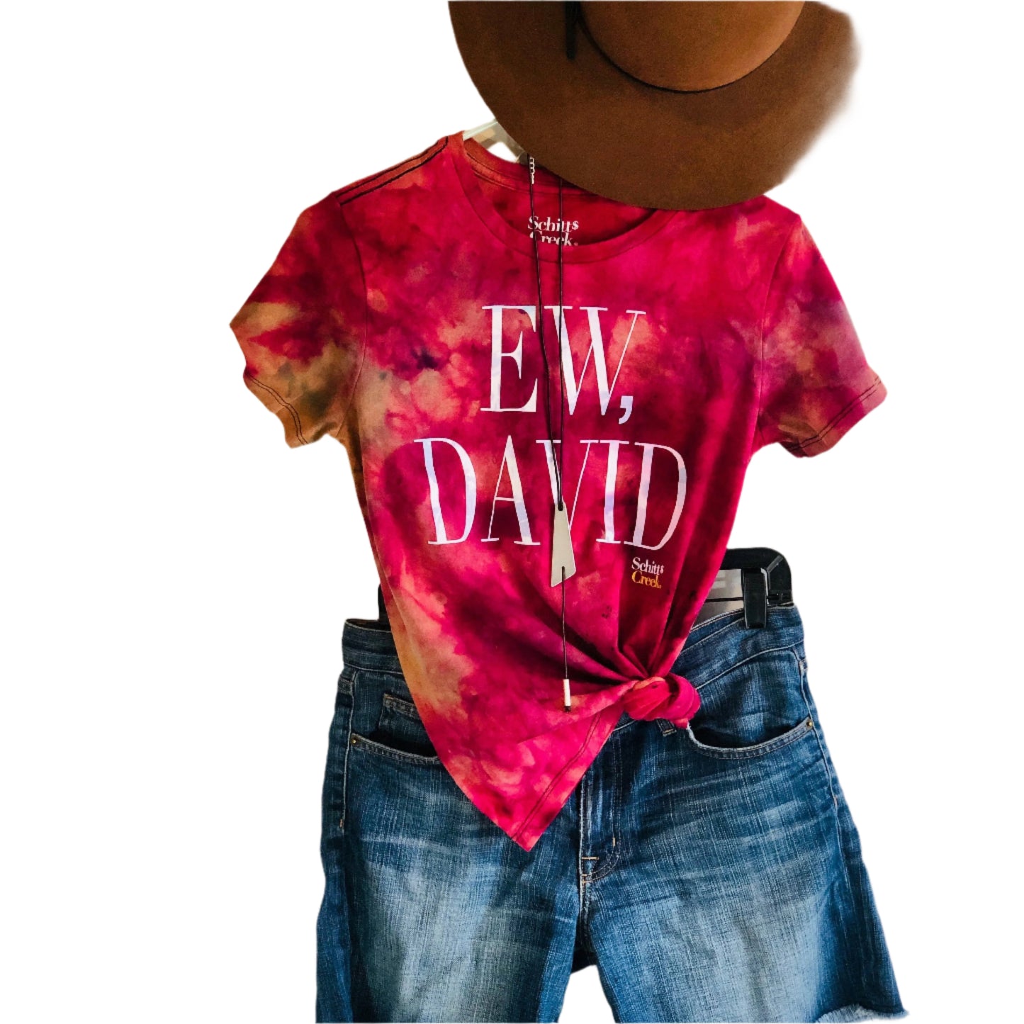 Pink and blue tie dyed EW, David schitts creek t shirt