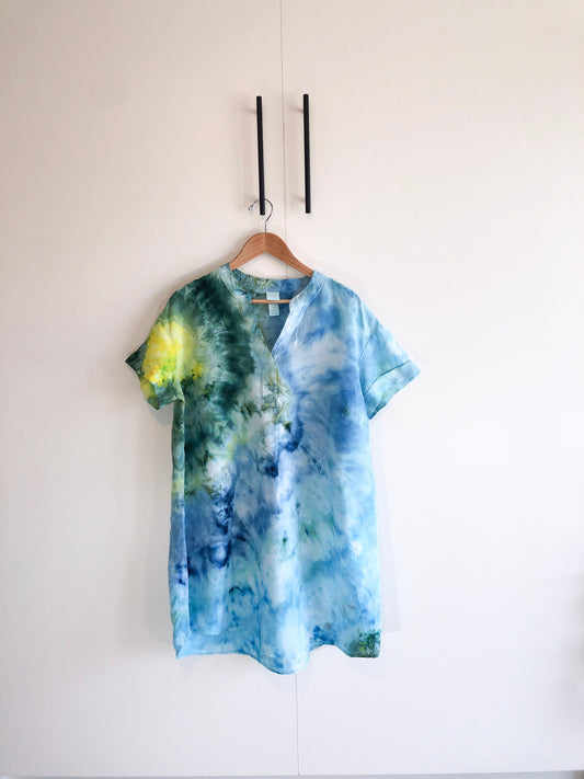 Linen blend tie dyed dress- maui- blue green and yellow