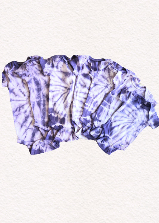 Tcu purple tie dyed spiral organic cotton onesies