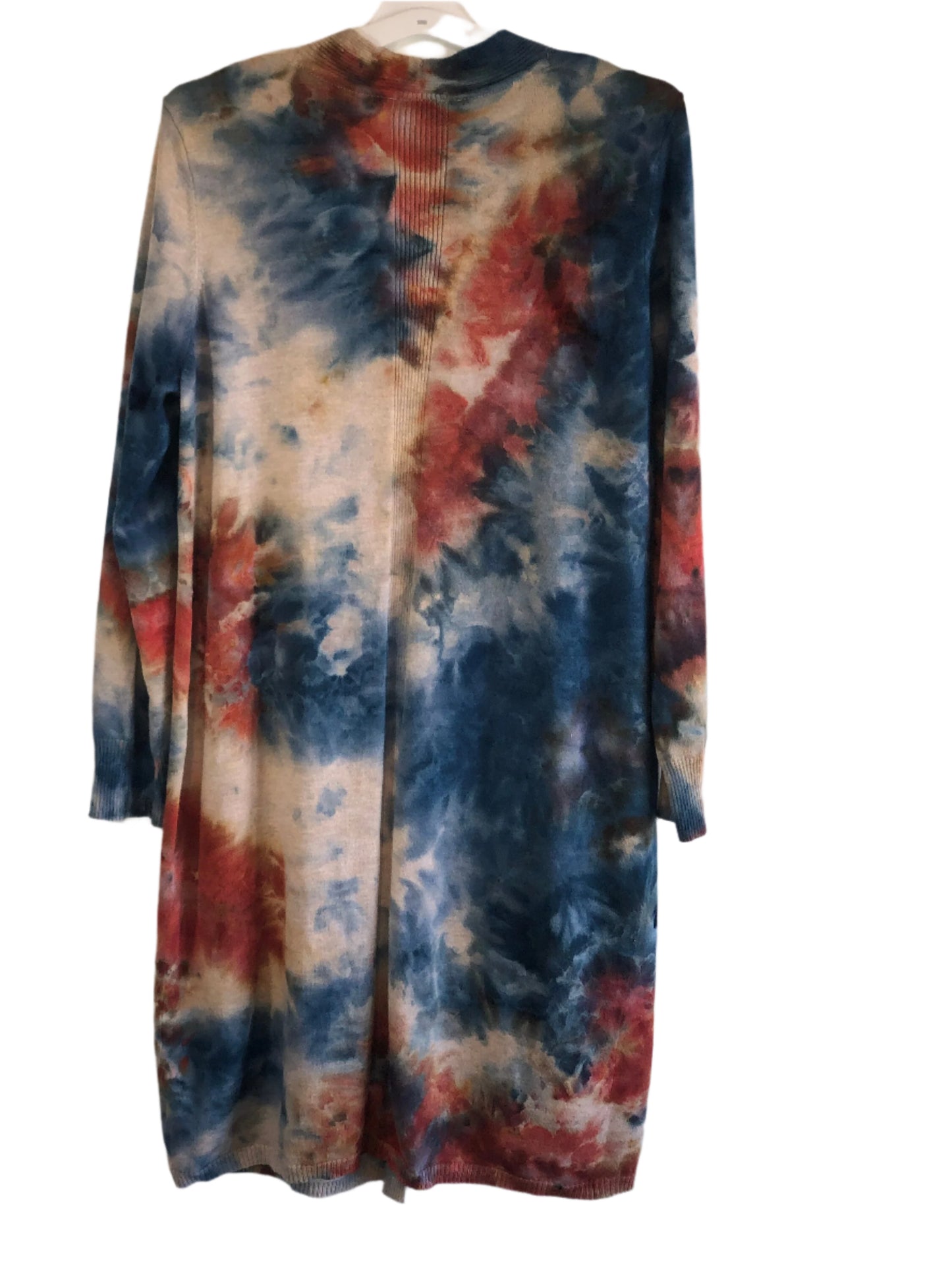 Women’s tie dye duster cardigan rust/blue/tan- small