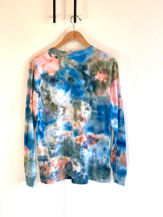 Long sleeve ice dyed t-shirt. Blue, green, peach