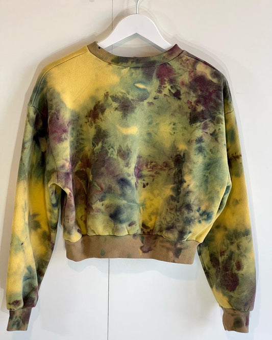 Gold purple and blue-green cropped sweatshirt. Maradi gras
