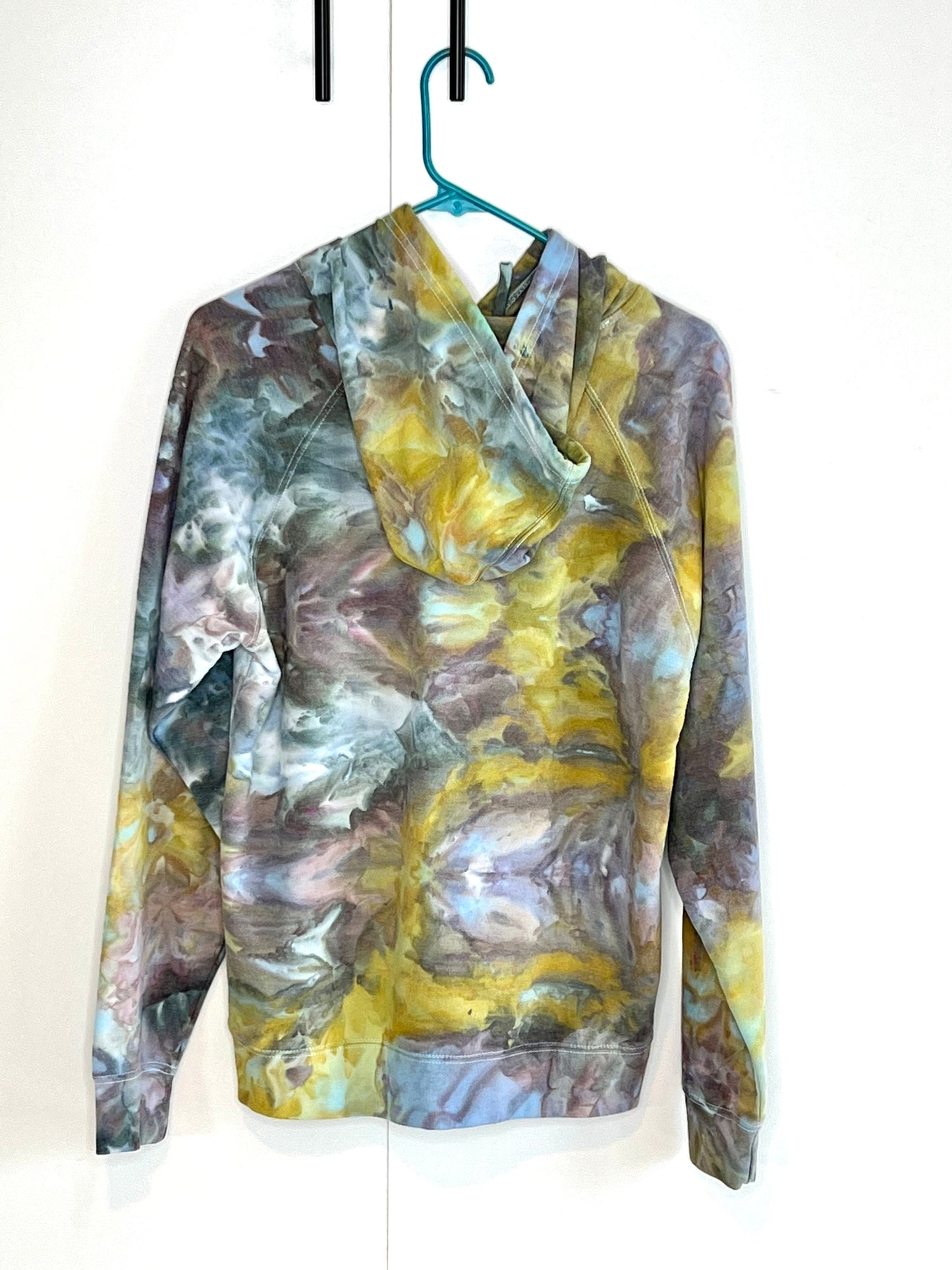 Reimagined peacock ice dyed unisex hoodie. MEDIUM