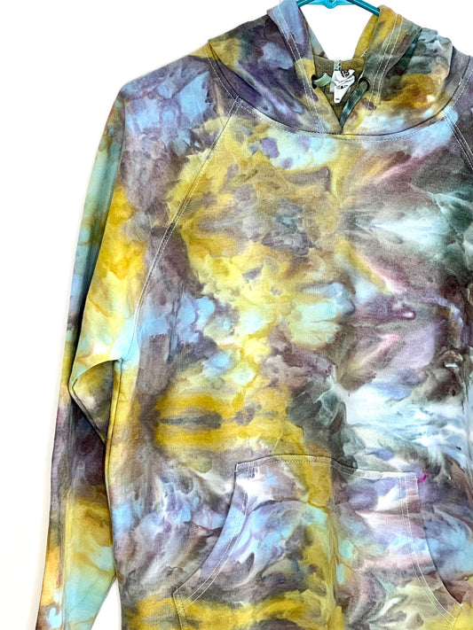 Reimagined peacock ice dyed unisex hoodie. MEDIUM