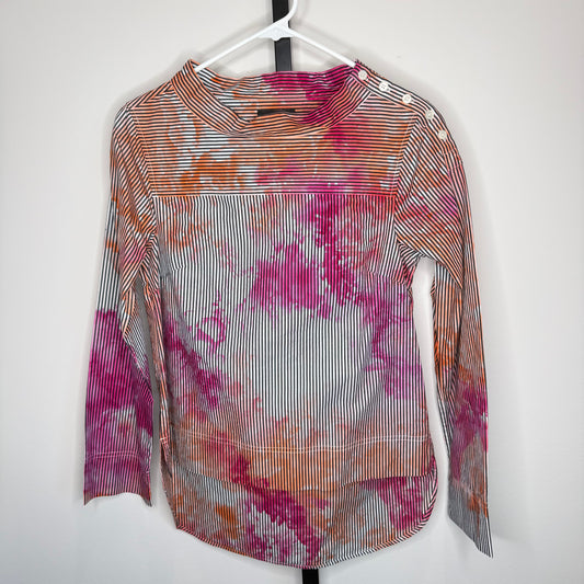 Orange/ pink over black and white striped high low blouse- Sm