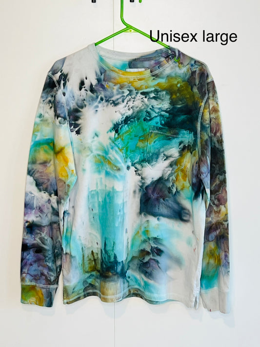 Reimagined peacock ice dyed long sleeve unisex shirt. X-Large