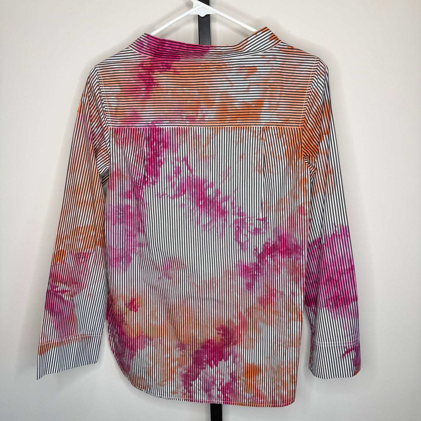 Orange/ pink over black and white striped high low blouse- Sm