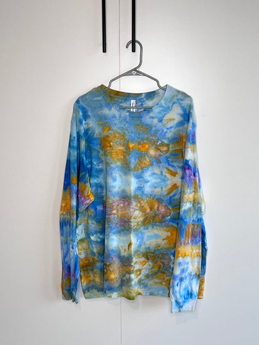 Blue and gold Long sleeve ice dyed t-shirt. 3x