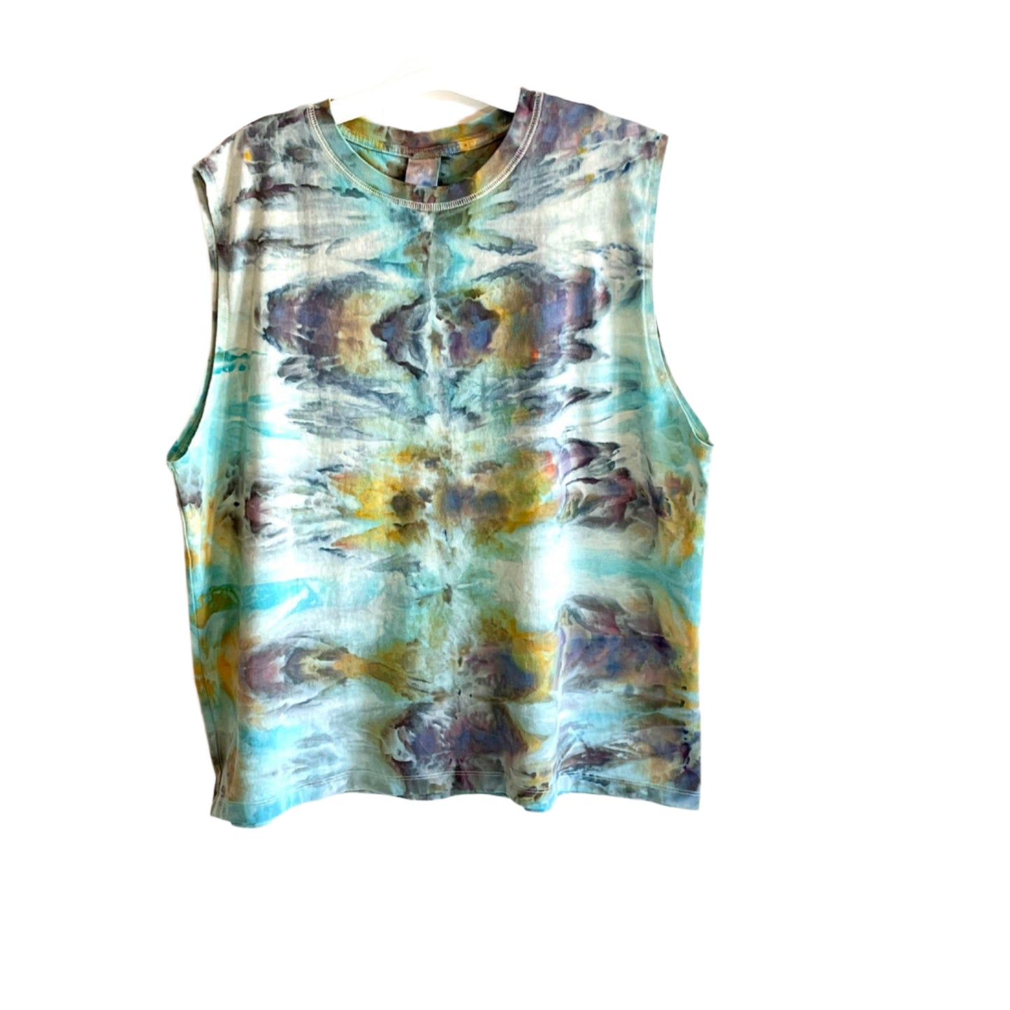 Reimagined peacock abstract ice dyed ribbed tank top- X-Large