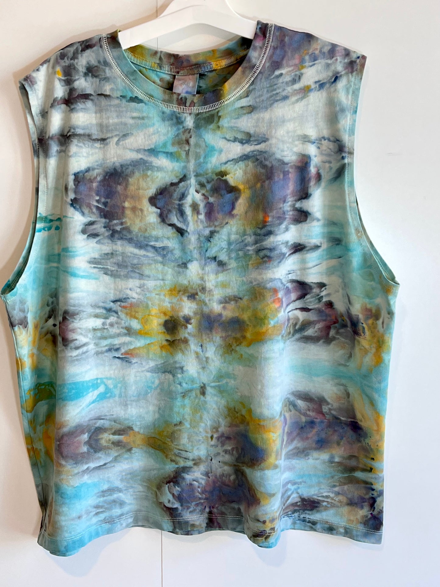 Reimagined peacock abstract ice dyed ribbed tank top- X-Large