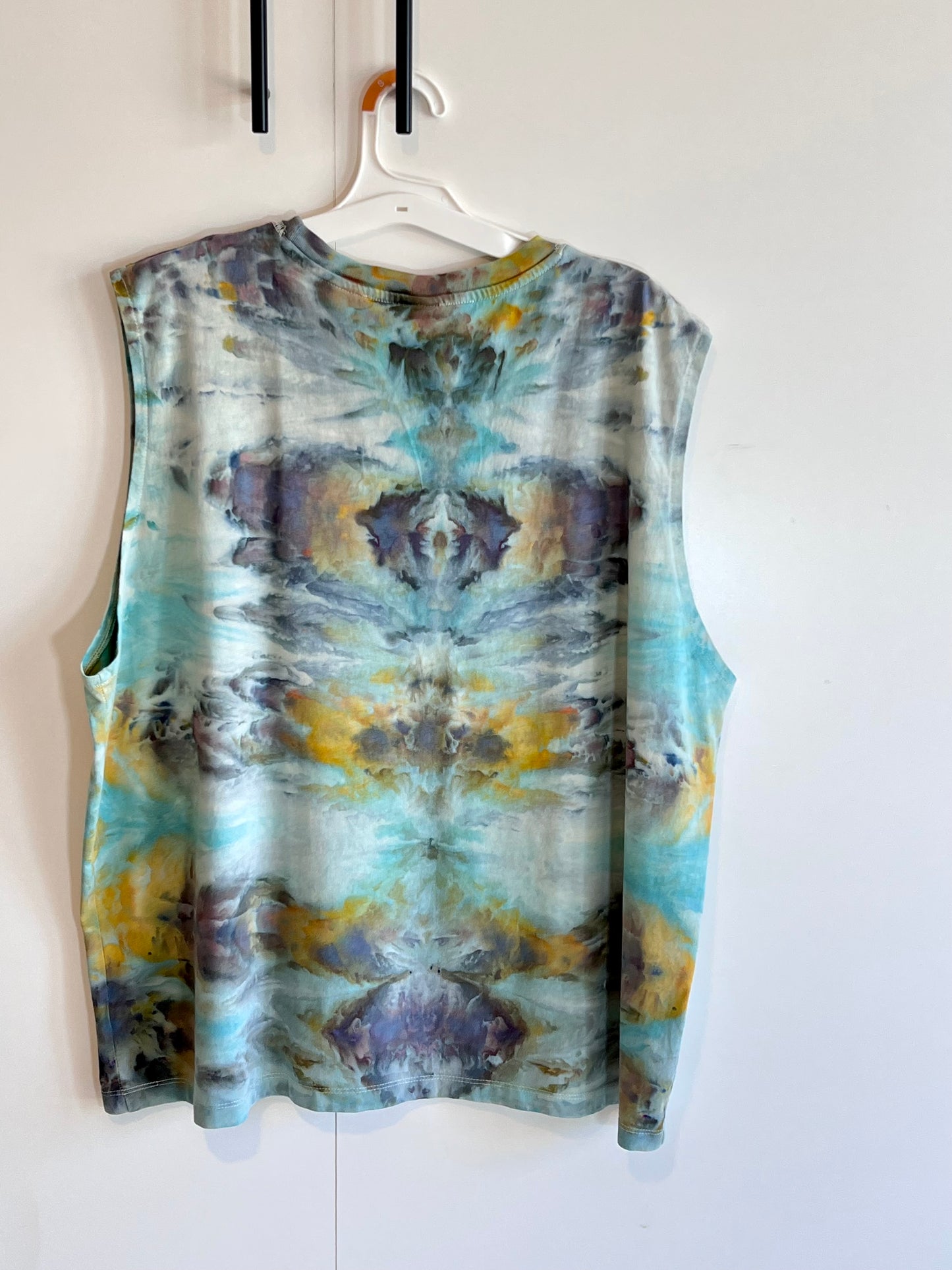 Reimagined peacock abstract ice dyed ribbed tank top- X-Large