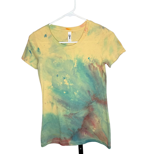 Rust blue and yellow abstract ice dye t-shirt-Small