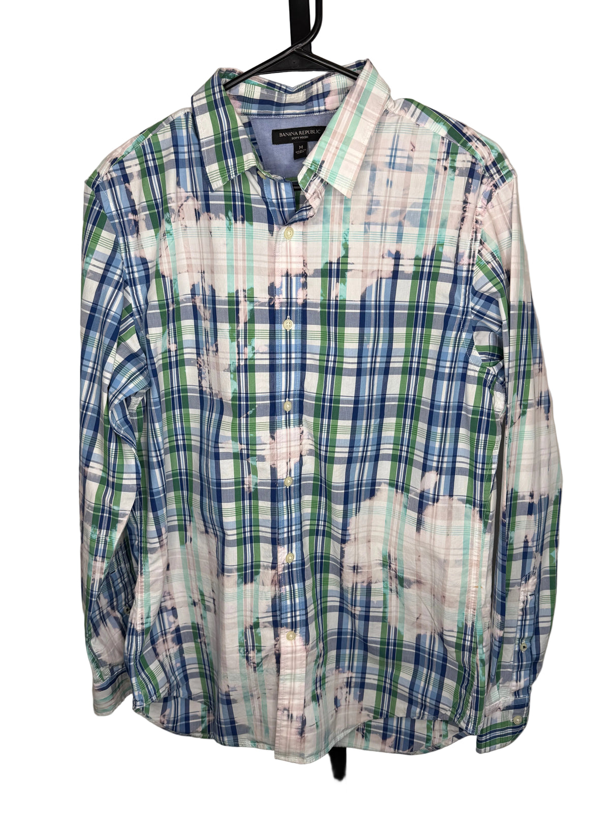 Men’s Blue reverse tie dye plaid button down Medium