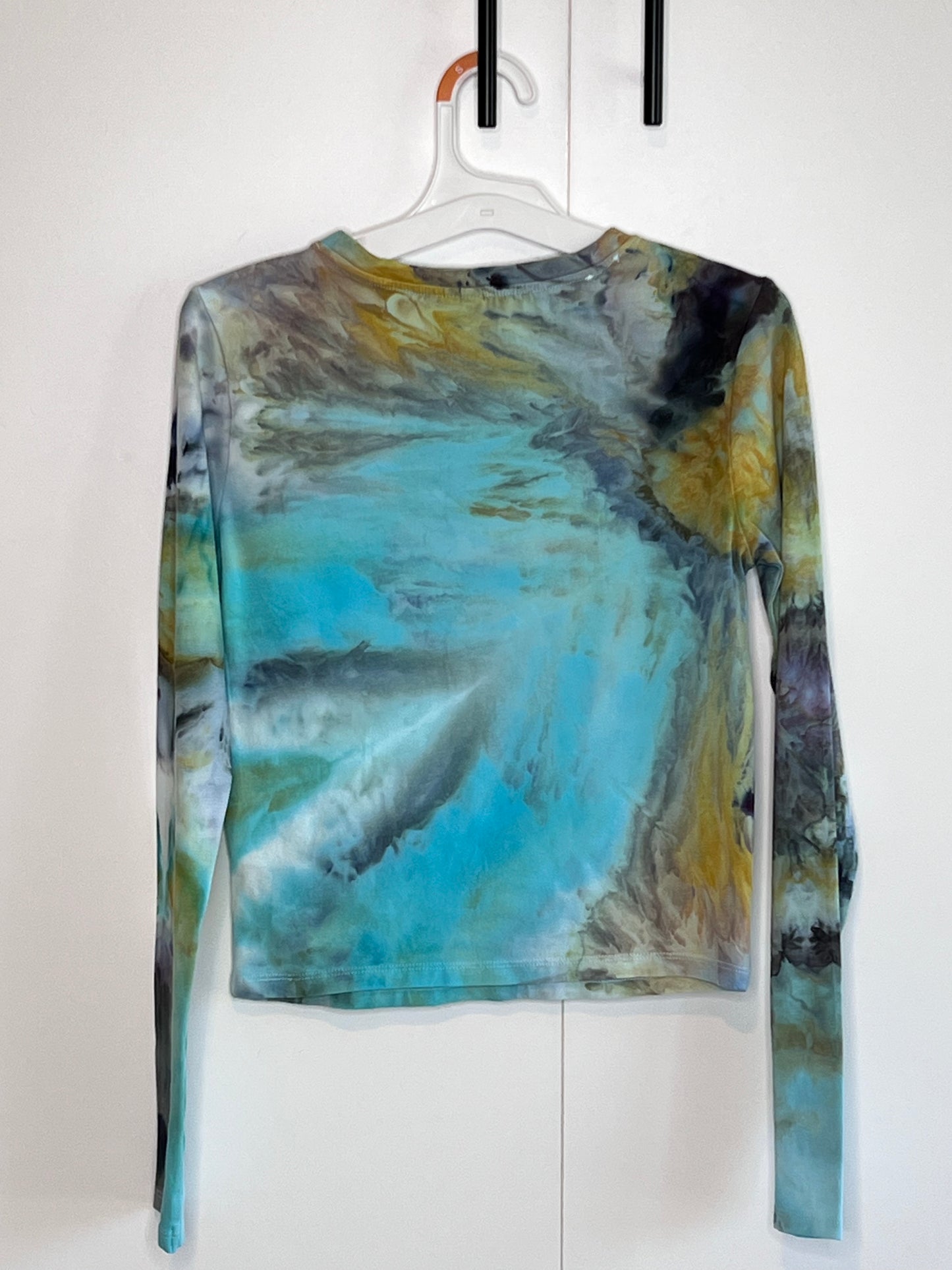 Abstract reimagined peacock tie dye long sleeve crop top-Medium