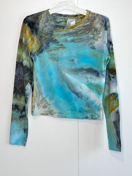 Abstract reimagined peacock tie dye long sleeve crop top-Medium