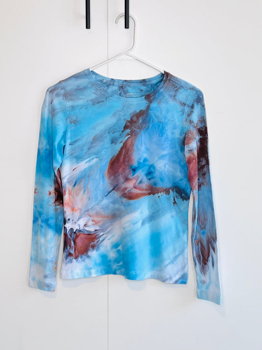 Rust and blue abstract ice dyed long sleeve t-shirt- x-small- stretchy.