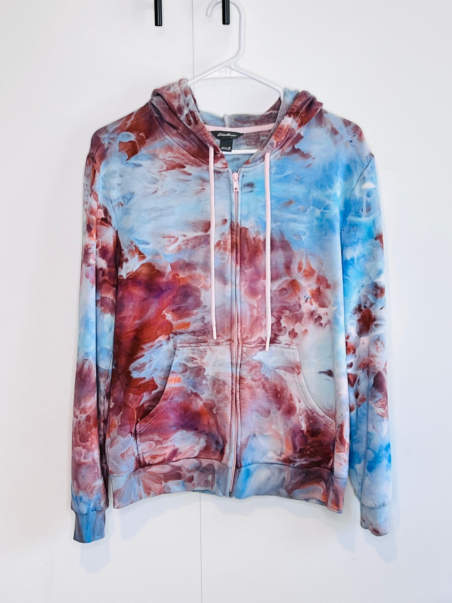 Rust and blue ice dyed zip up hooded sweatshirt- M- unisex