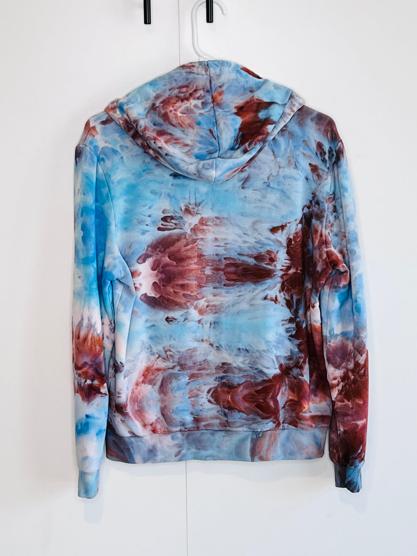 Rust and blue ice dyed zip up hooded sweatshirt- M- unisex