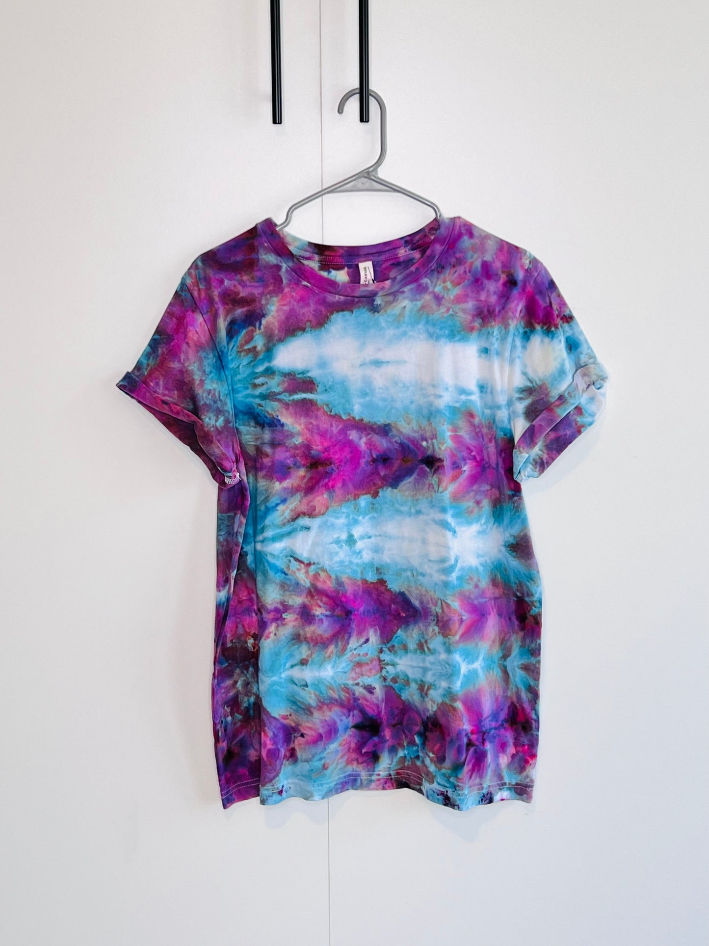 Strawberry/blue abstract tie dye t-shirt-Large