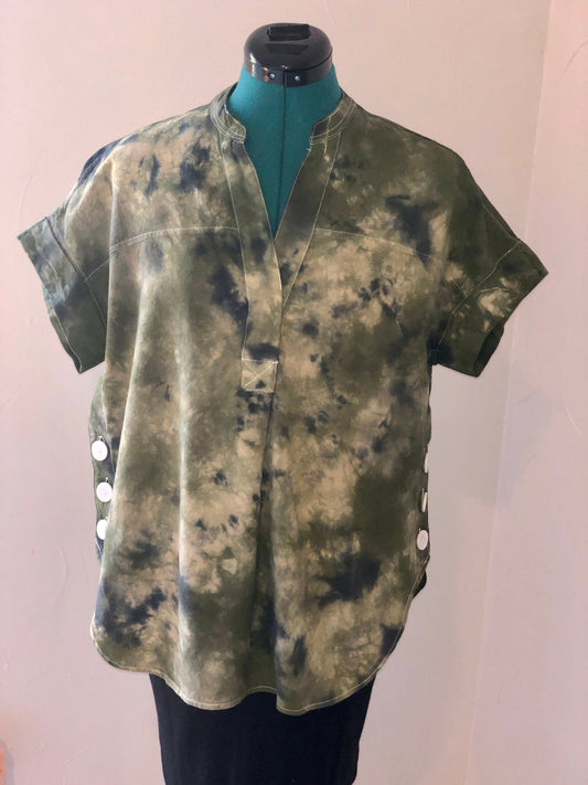 Camouflage inspired tie dye linen blend boxy cut blouse