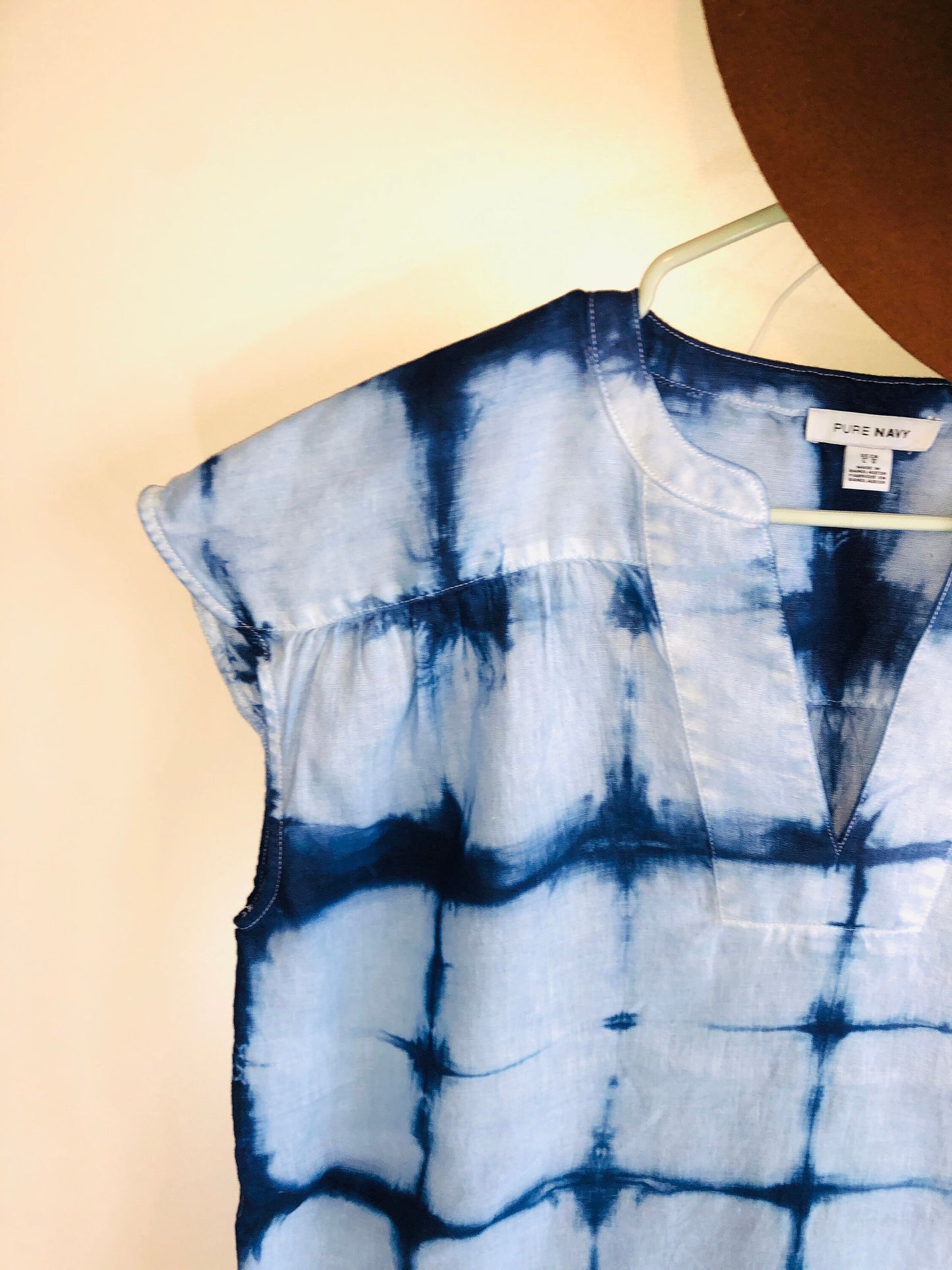 Indigo shibori linen short sleeve blouse.