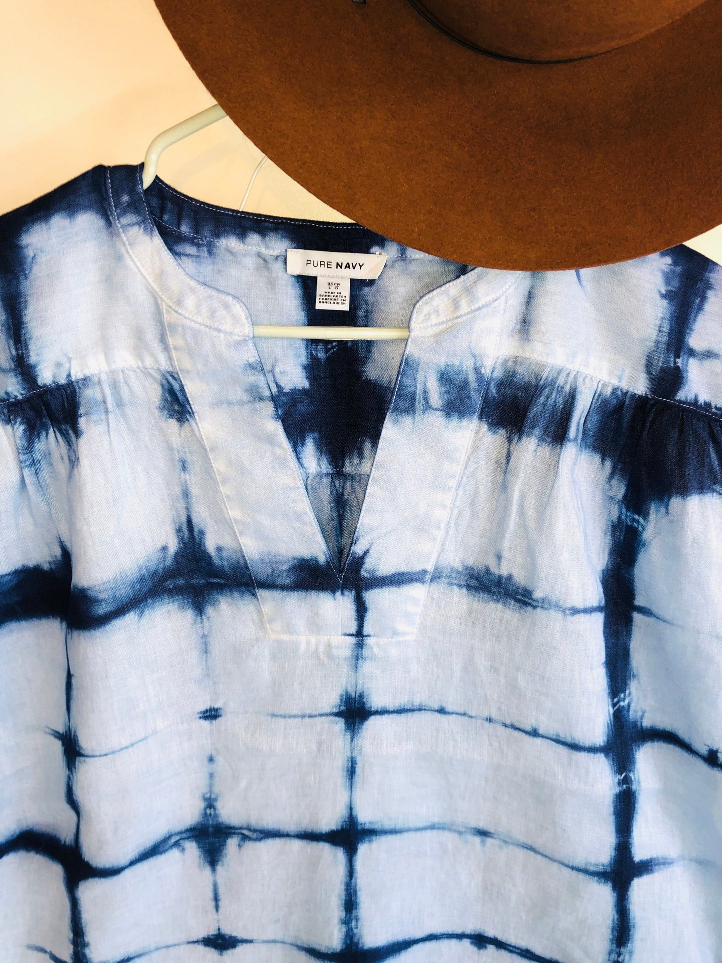 Indigo shibori linen short sleeve blouse.