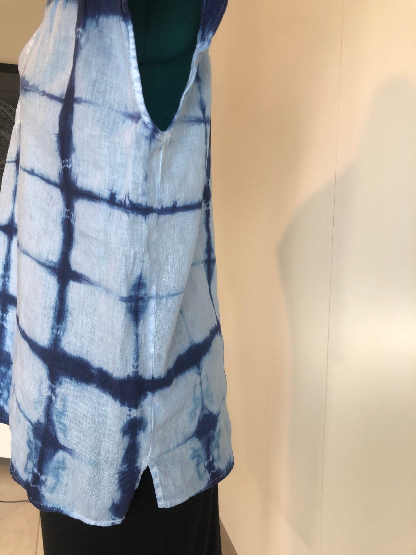 Indigo shibori linen short sleeve blouse.