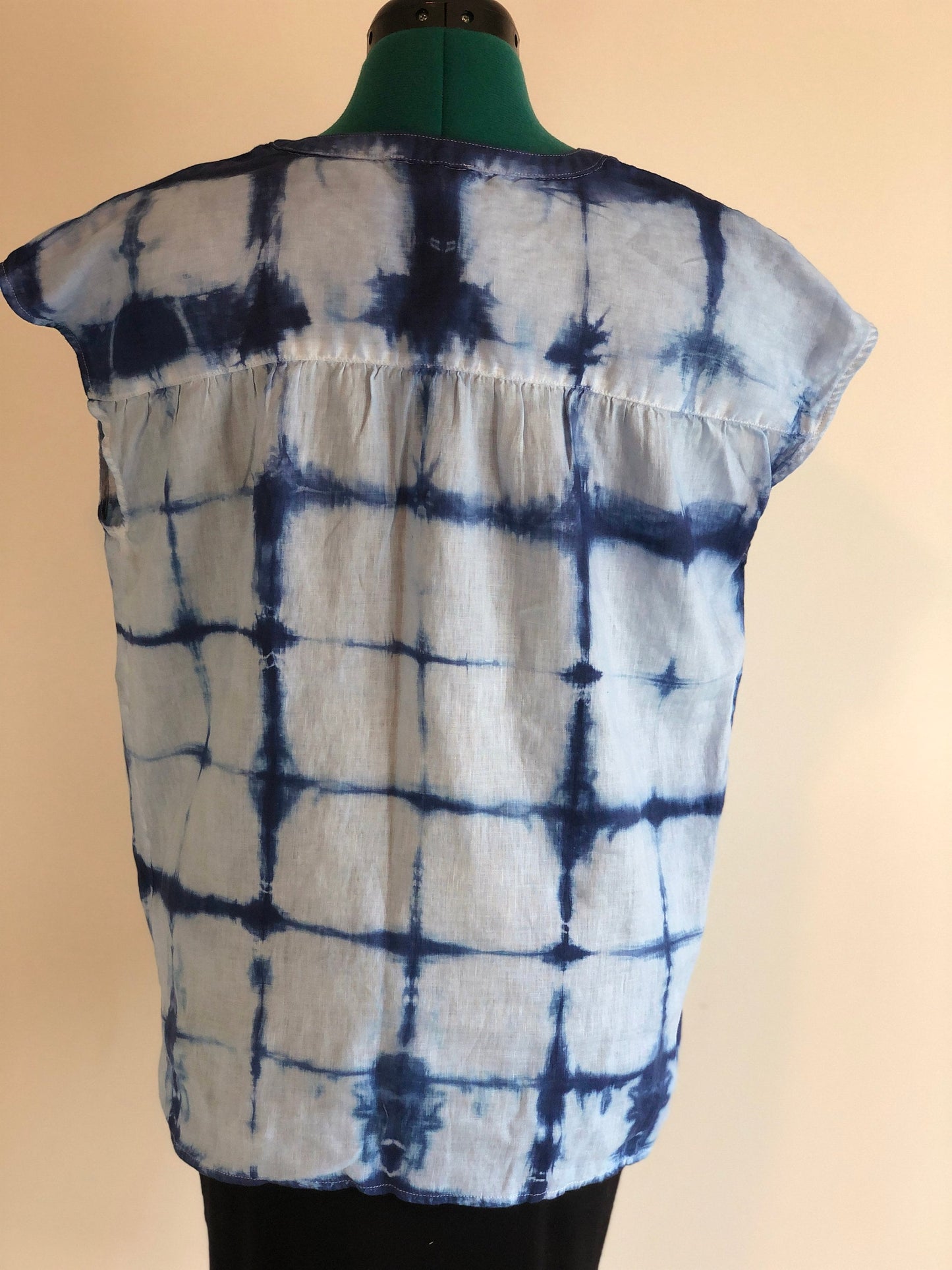 Indigo shibori linen short sleeve blouse.