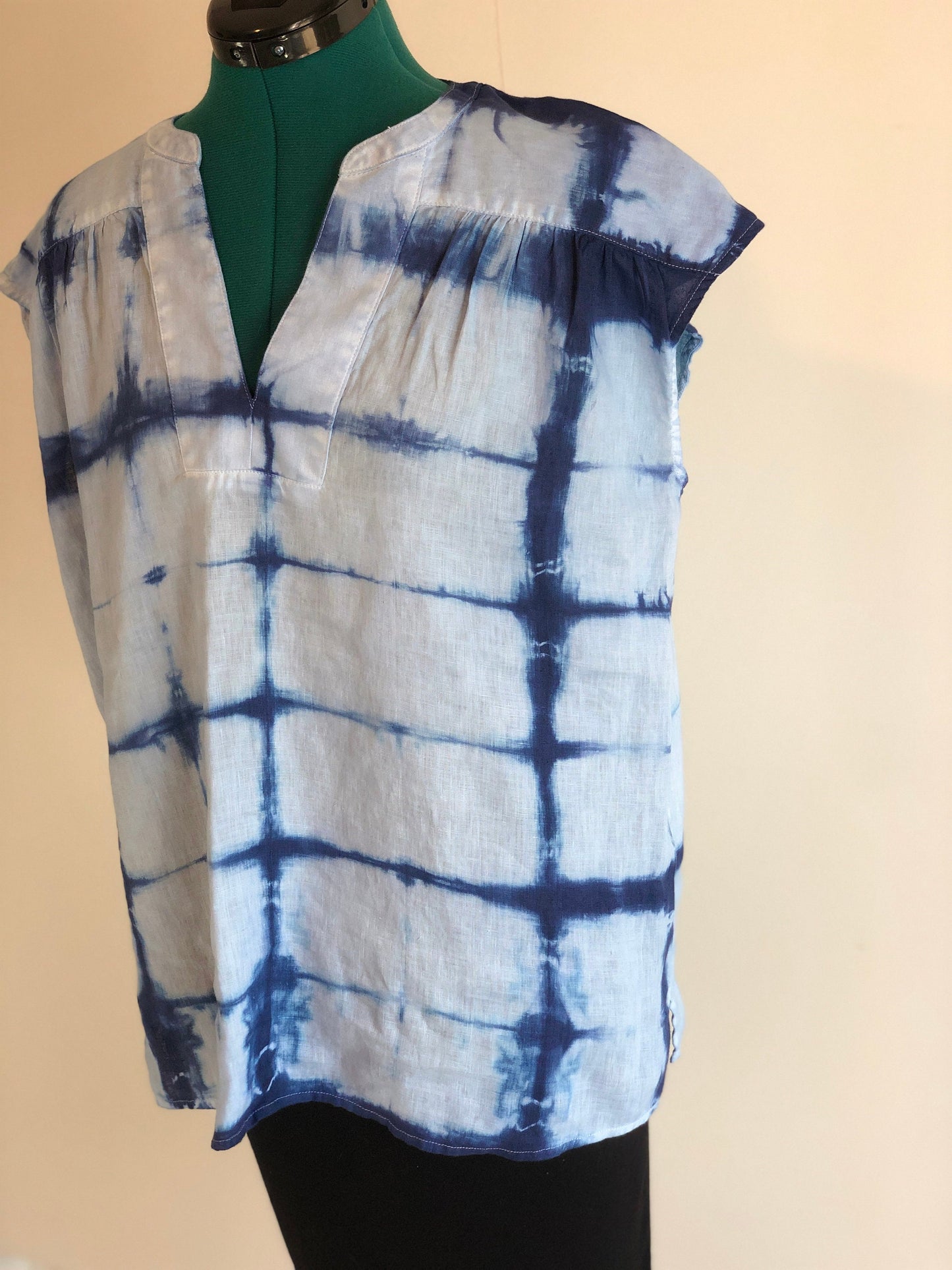 Indigo shibori linen short sleeve blouse.