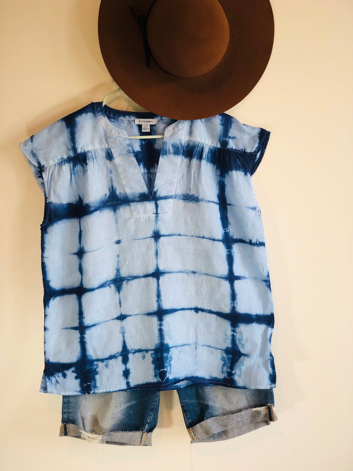 Indigo shibori linen short sleeve blouse.