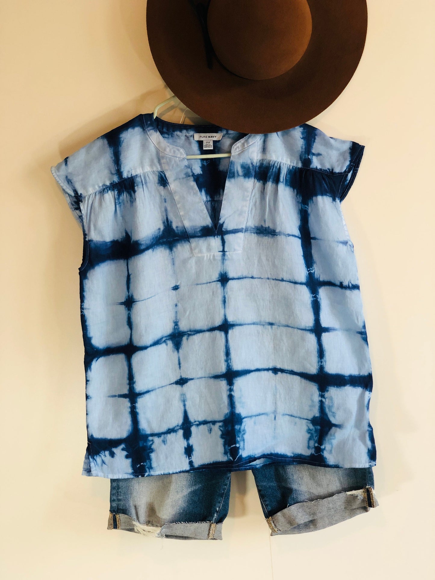 Indigo shibori linen short sleeve blouse.