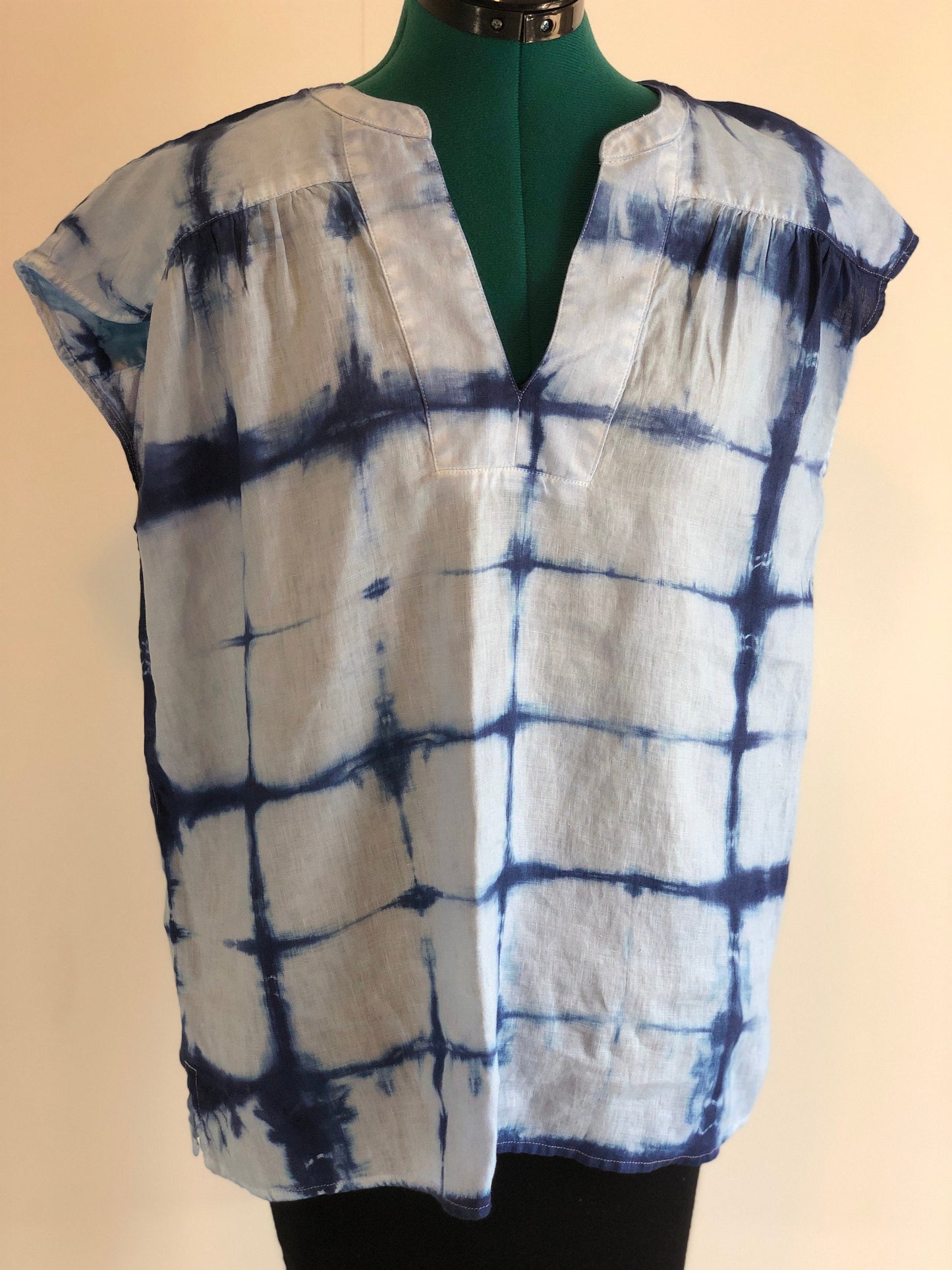 Indigo shibori linen short sleeve blouse.