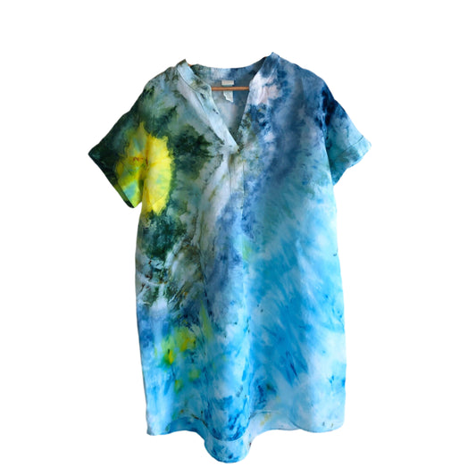 Linen blend tie dyed dress- maui- blue green and yellow