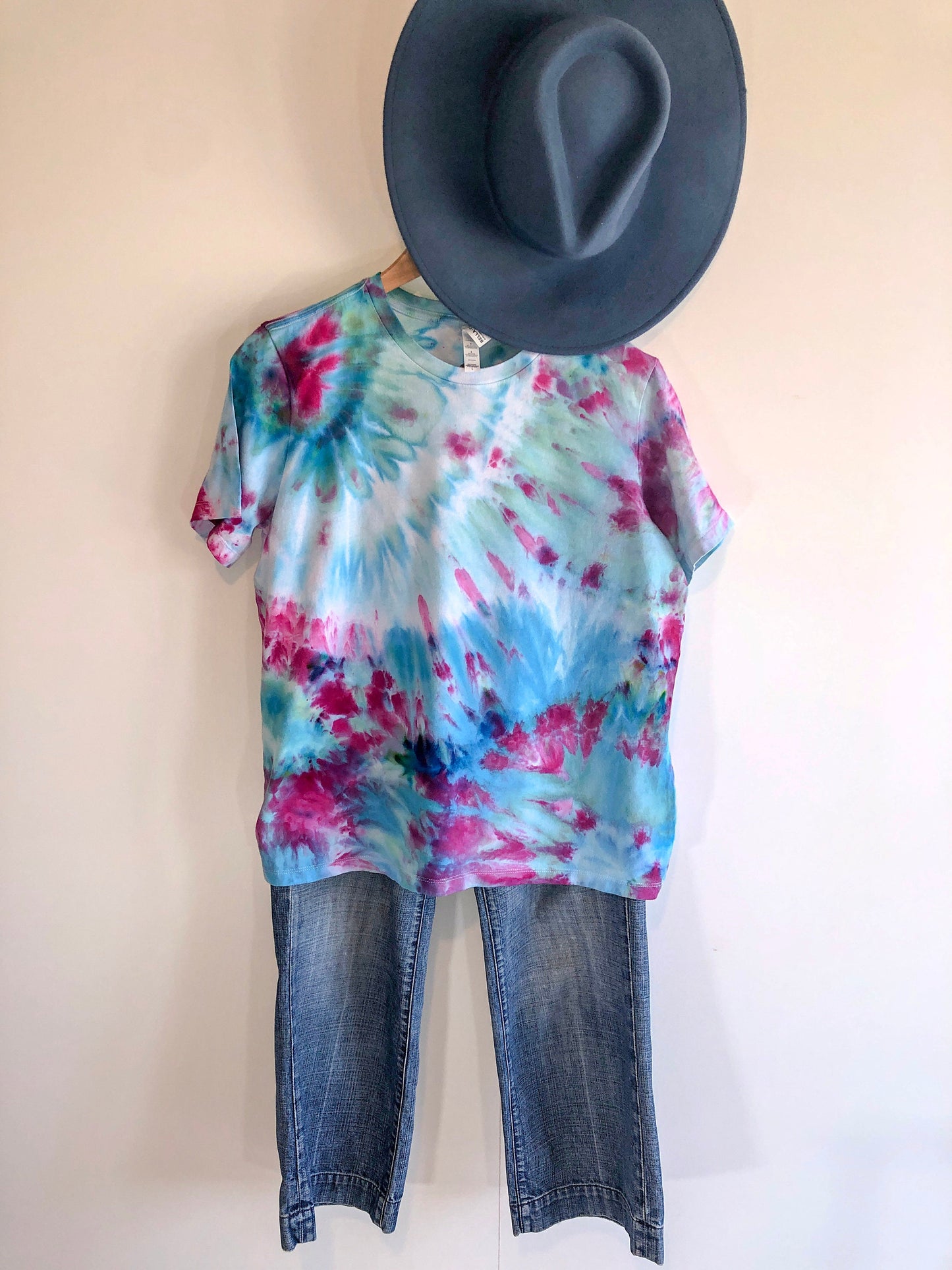 Tie dye shirt- unique teal/ hot pink- ice dye