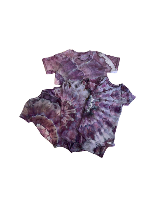 Organic cotton tie dyed onesies and t-shirts- purple geode