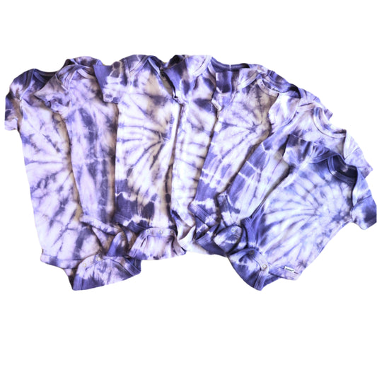 Tcu purple tie dyed spiral organic cotton onesies
