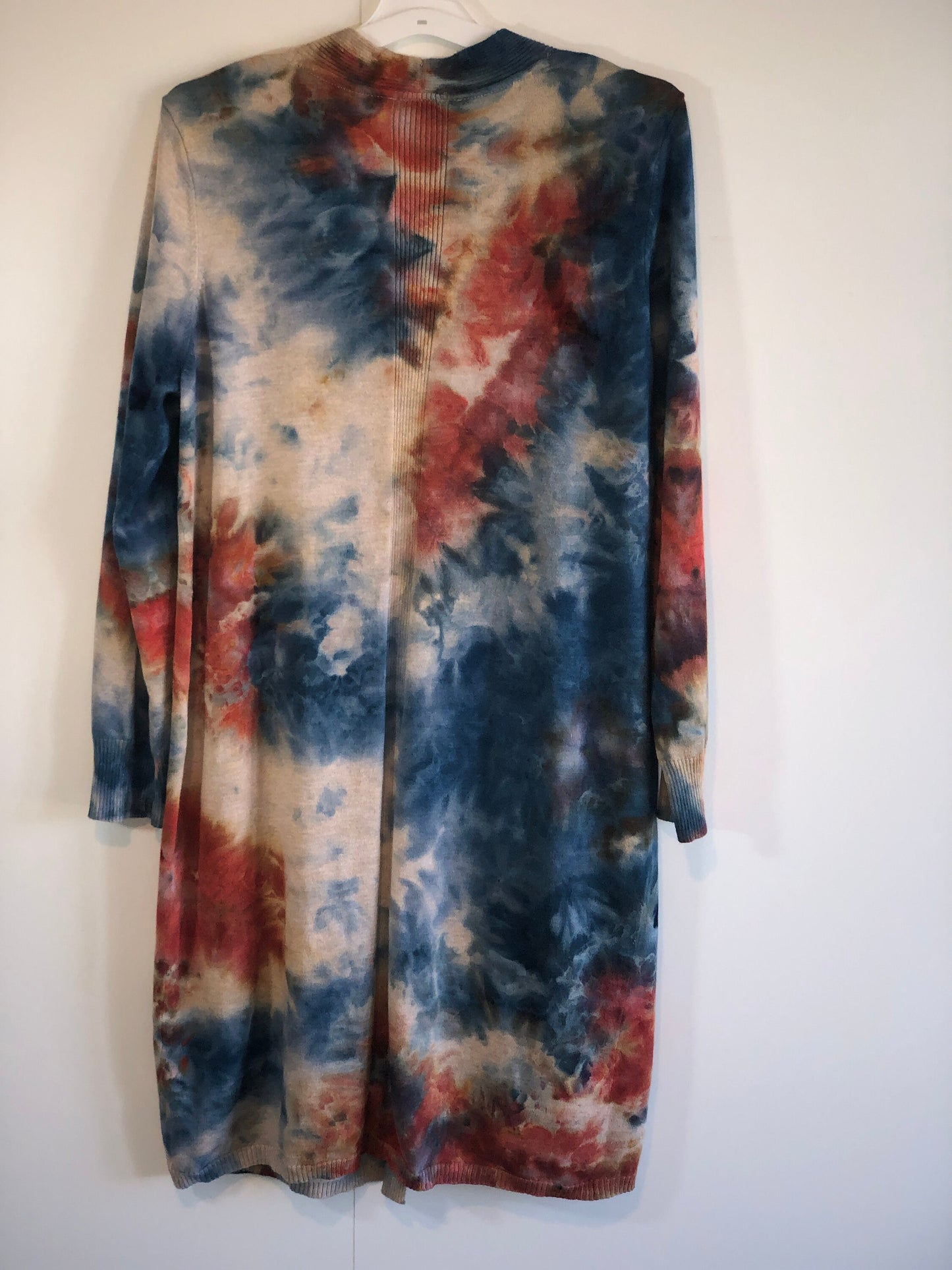 Women’s tie dye duster cardigan rust/blue/tan- small