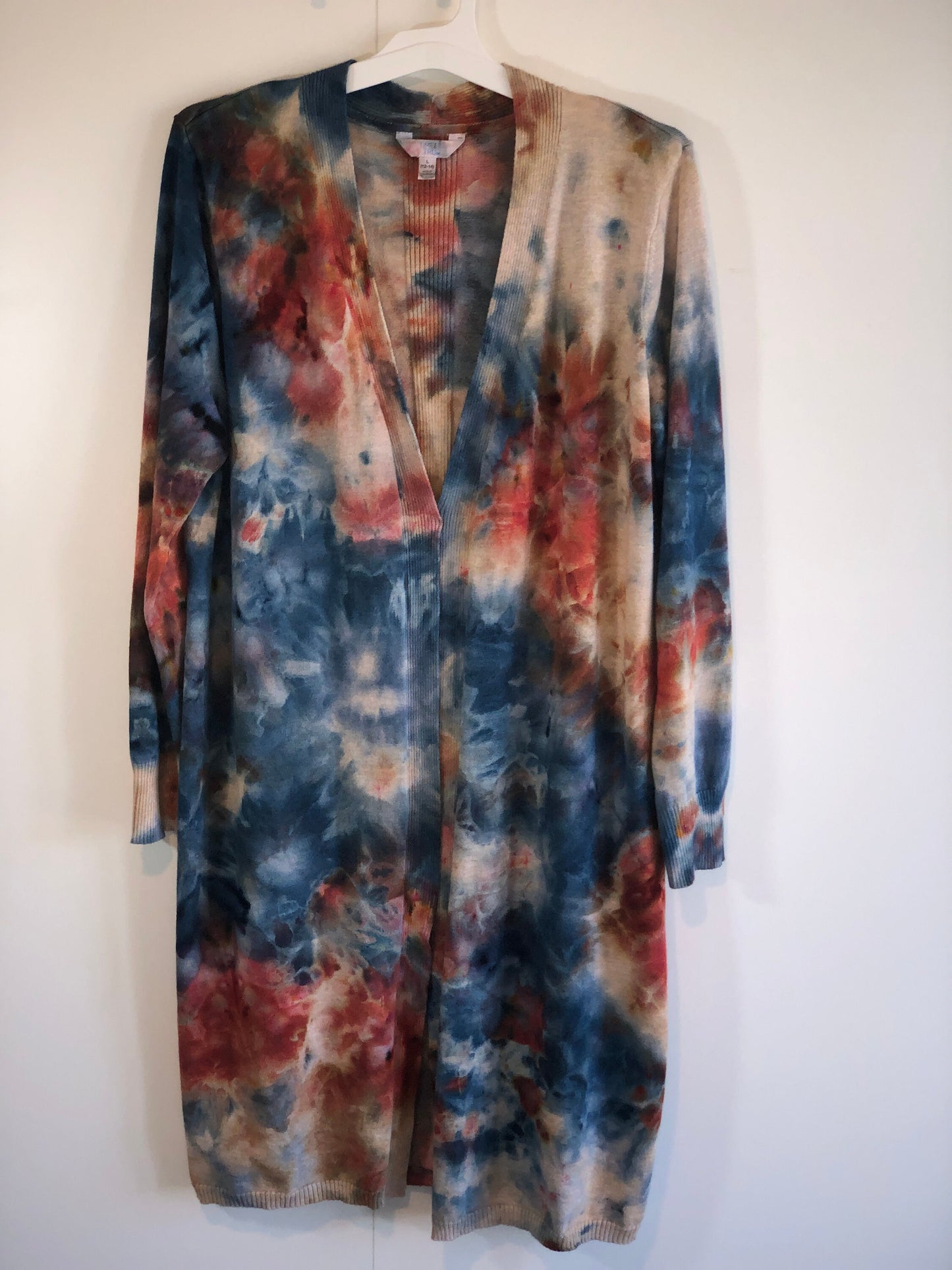 Women’s tie dye duster cardigan rust/blue/tan- small